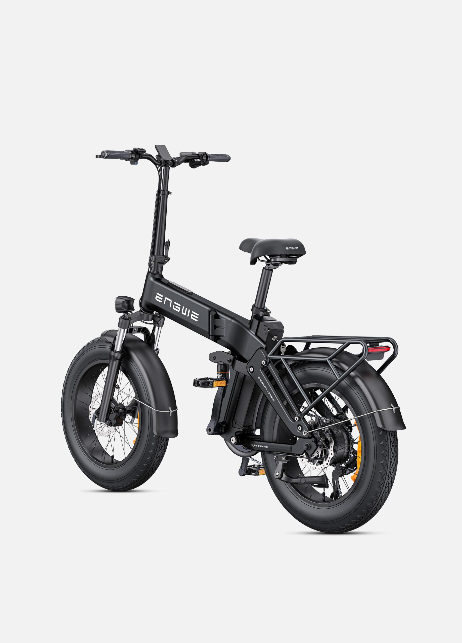 Rear three-quarter view of the ENGWE Engine Pro 3.0 Boost showing the folding hinge and rear rack