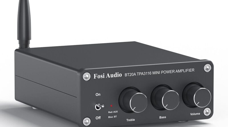 Fosi Audio BT20A Bluetooth Stereo Amplifier shown from the front with Bluetooth antenna and control knobs