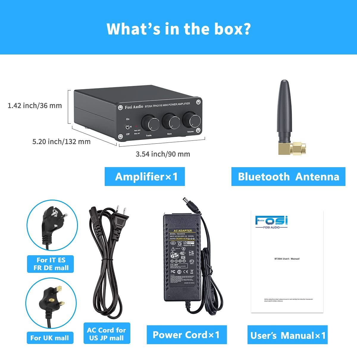 Fosi Audio BT20A box contents including the amplifier, Bluetooth antenna, power cord, and user manual with dimensions