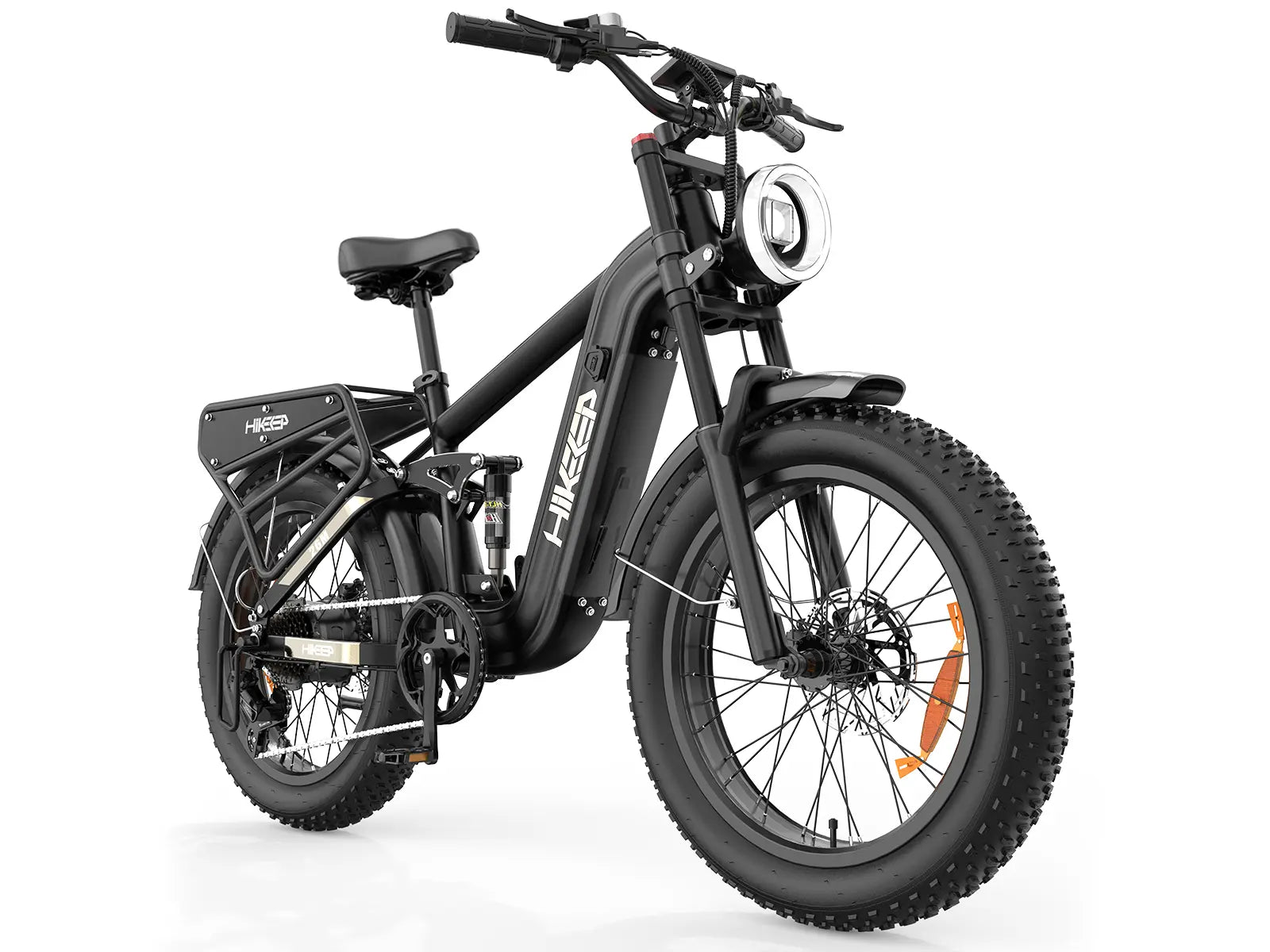 Front three-quarter view of the Hikeep 26M Cargo Electric Bike showing the round headlight and fat tire