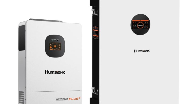Humsienk 12kW hybrid inverter next to a wall-mounted 48V LiFePO4 battery