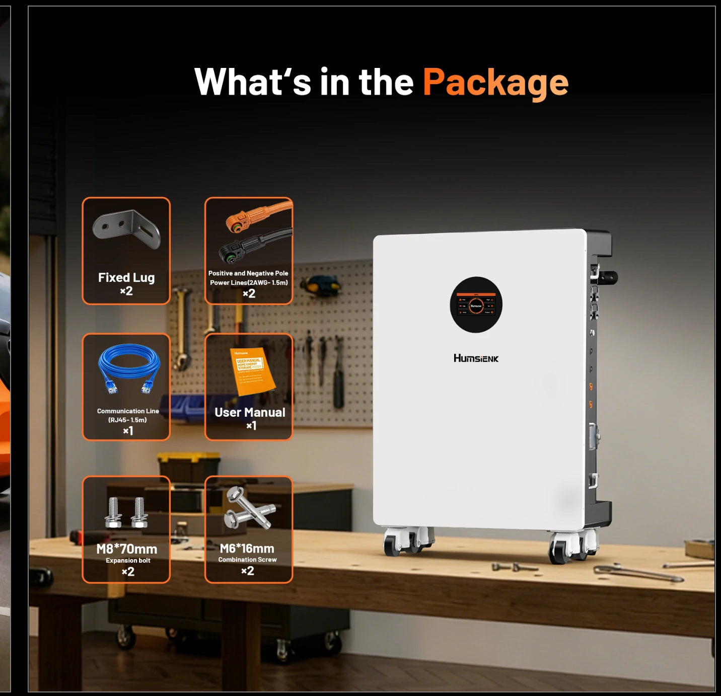 What's included in the Humsienk 48V 300Ah wall-mounted LiFePO4 battery package
