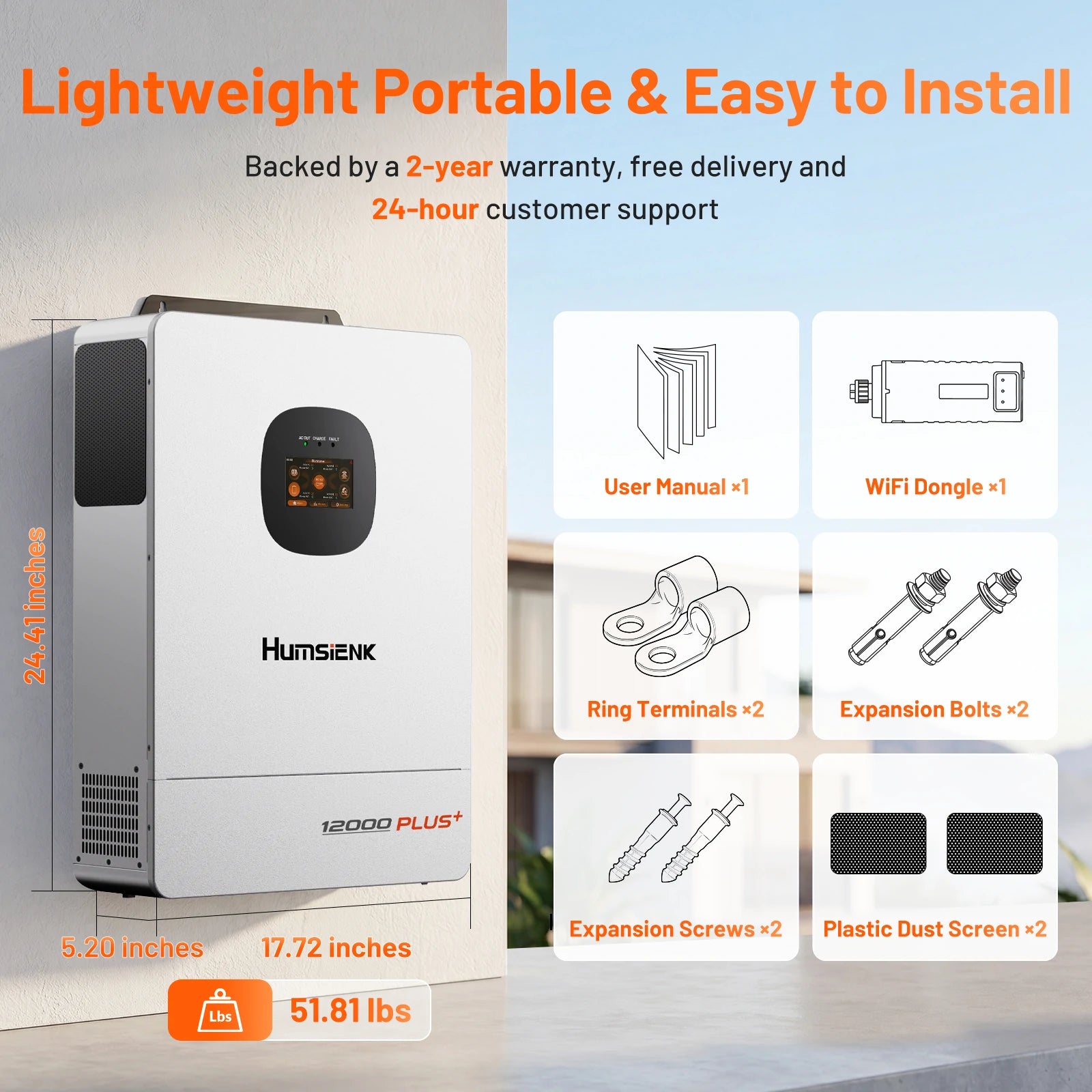 Humsienk 12kW hybrid inverter dimensions and included accessories, backed by a 2-year warranty