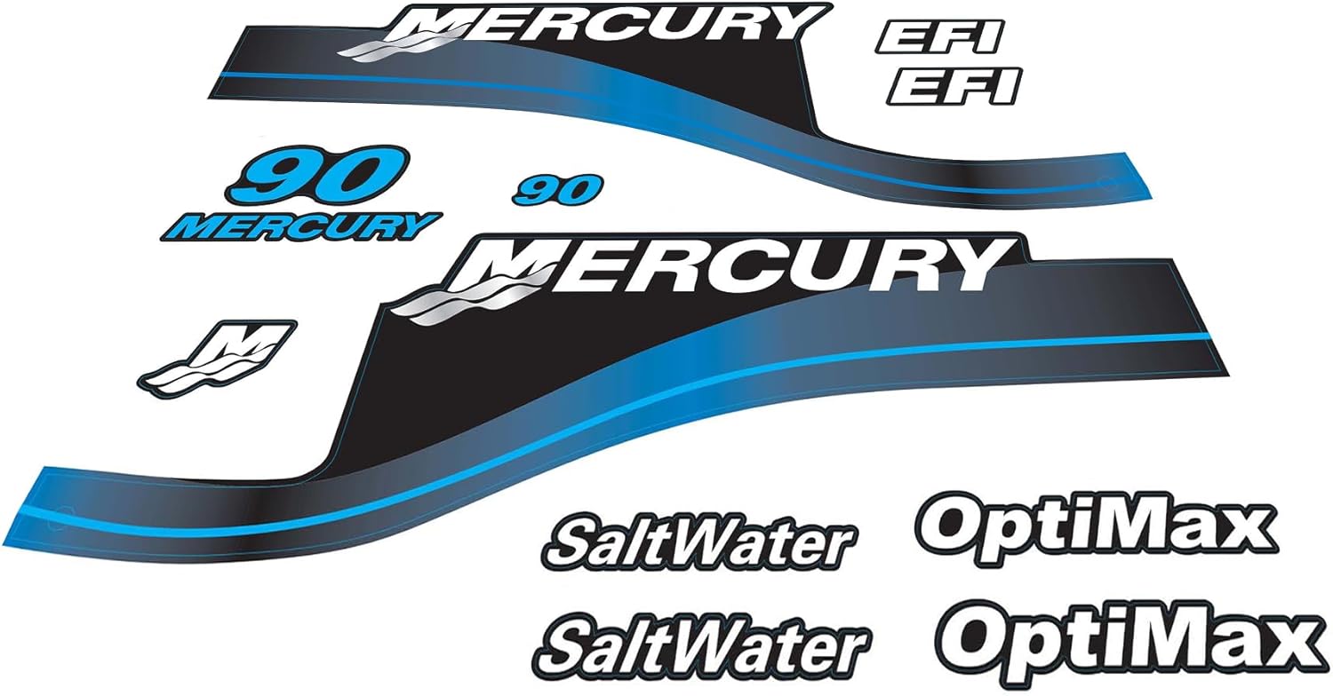Mercury 90 HP outboard decal set in Blue for EFI, Saltwater, and Optimax variants
