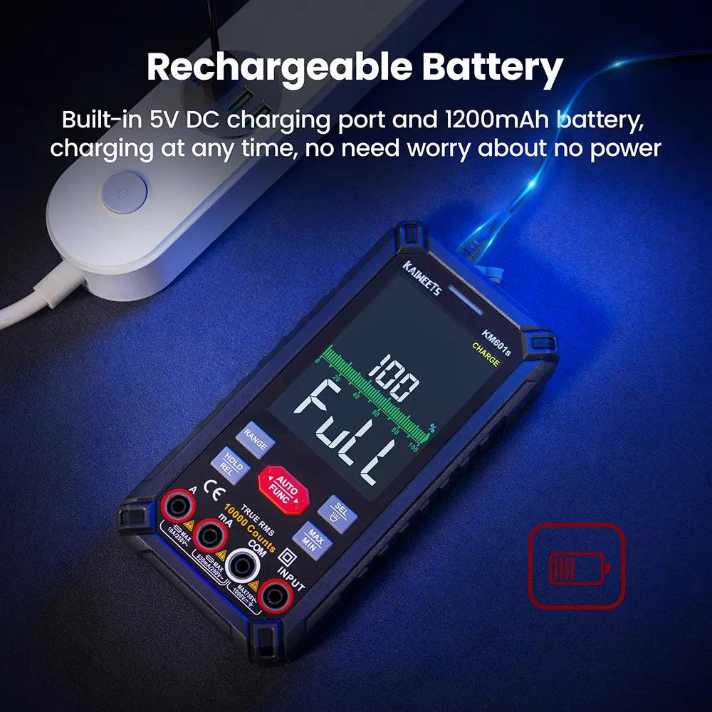 KAIWEETS KM601S multimeter charging via its built-in 5V DC port and 1200mAh battery