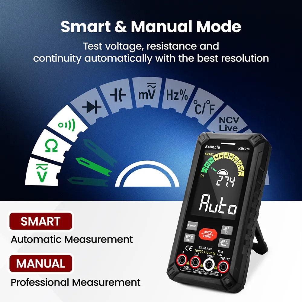 KAIWEETS KM601S showing Smart and Manual Mode for automatic voltage resistance and continuity testing
