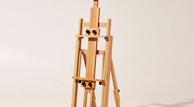 MEEDEN Versatile Studio H-Frame Artist Easel-W14 in natural beechwood, shown on its rolling casters