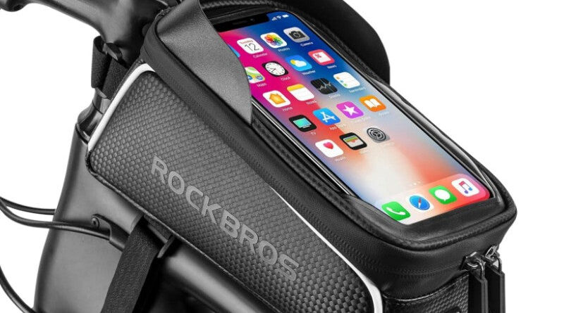 ROCKBROS bike phone bag mounted on top tube with phone visible