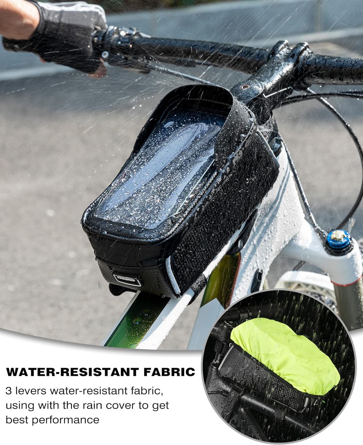 ROCKBROS bike phone bag water-resistant fabric tested in rain