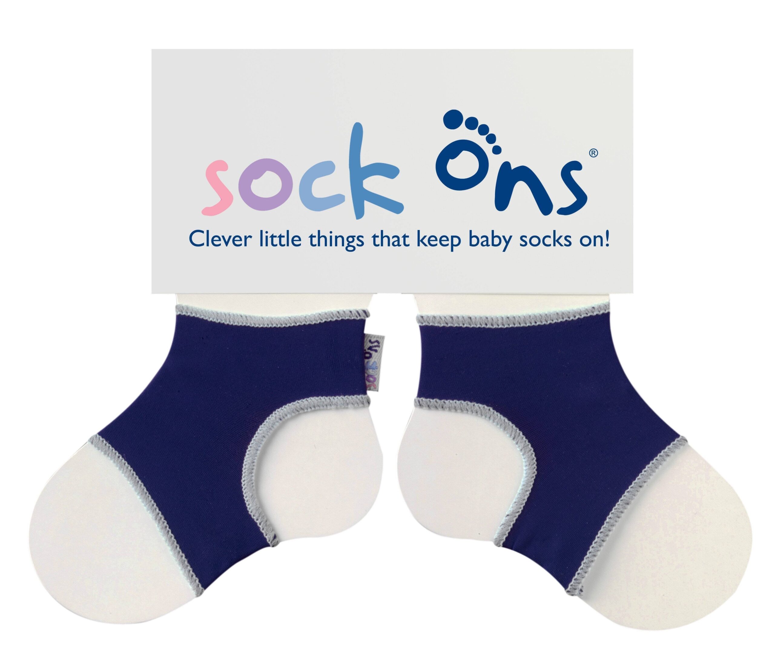 Navy blue Sock Ons baby sock holders shown against a white background