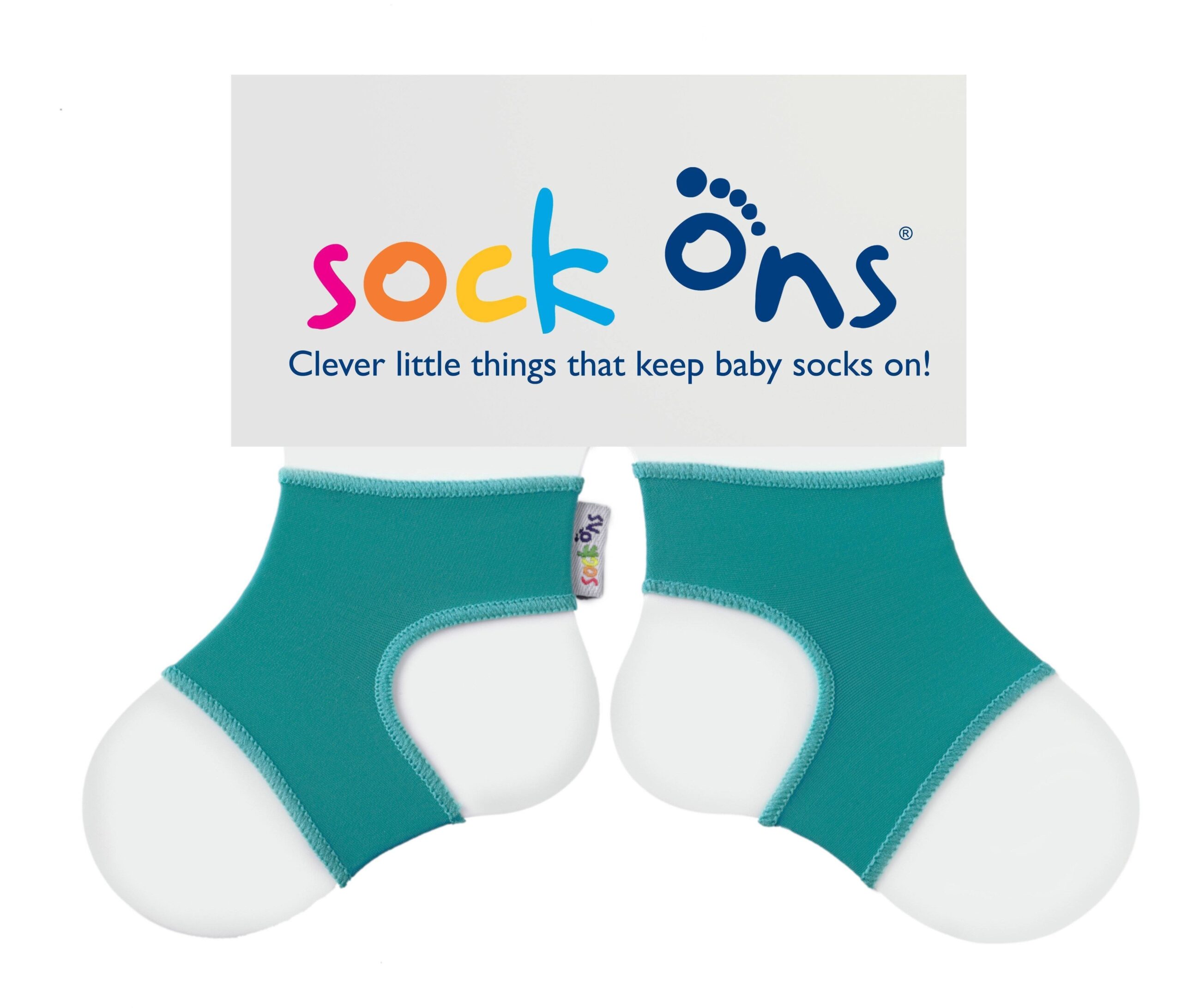 Turquoise Sock Ons baby sock holders shown against a white background