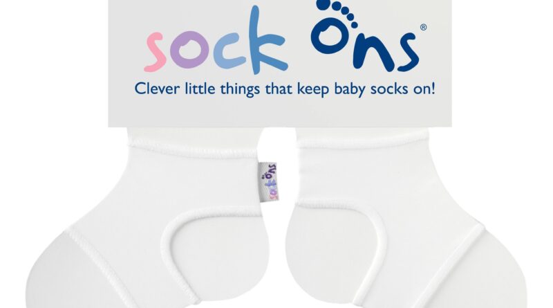 White Sock Ons baby sock holders shown against a white background
