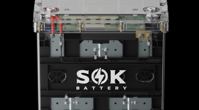 SOK SK12V100PC 12V 100Ah LiFePO4 battery with clear sealed enclosure