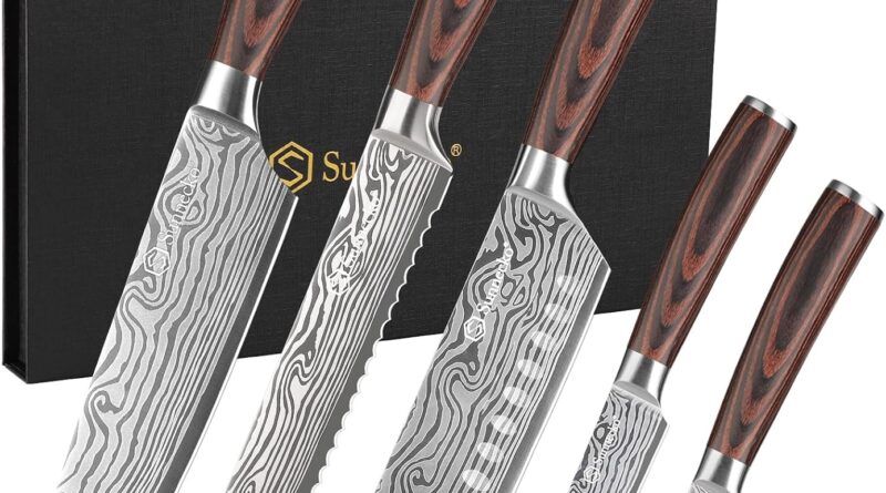 Sunnecko Chang Series 5-piece knife set with Pakkawood handles and gift box