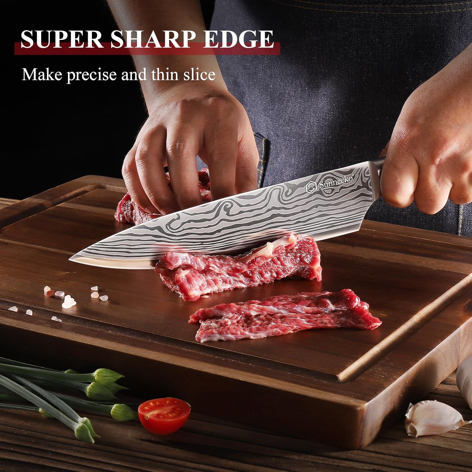 Chef slicing raw beef with the Sunnecko Chang Series chef knife on a wooden cutting board