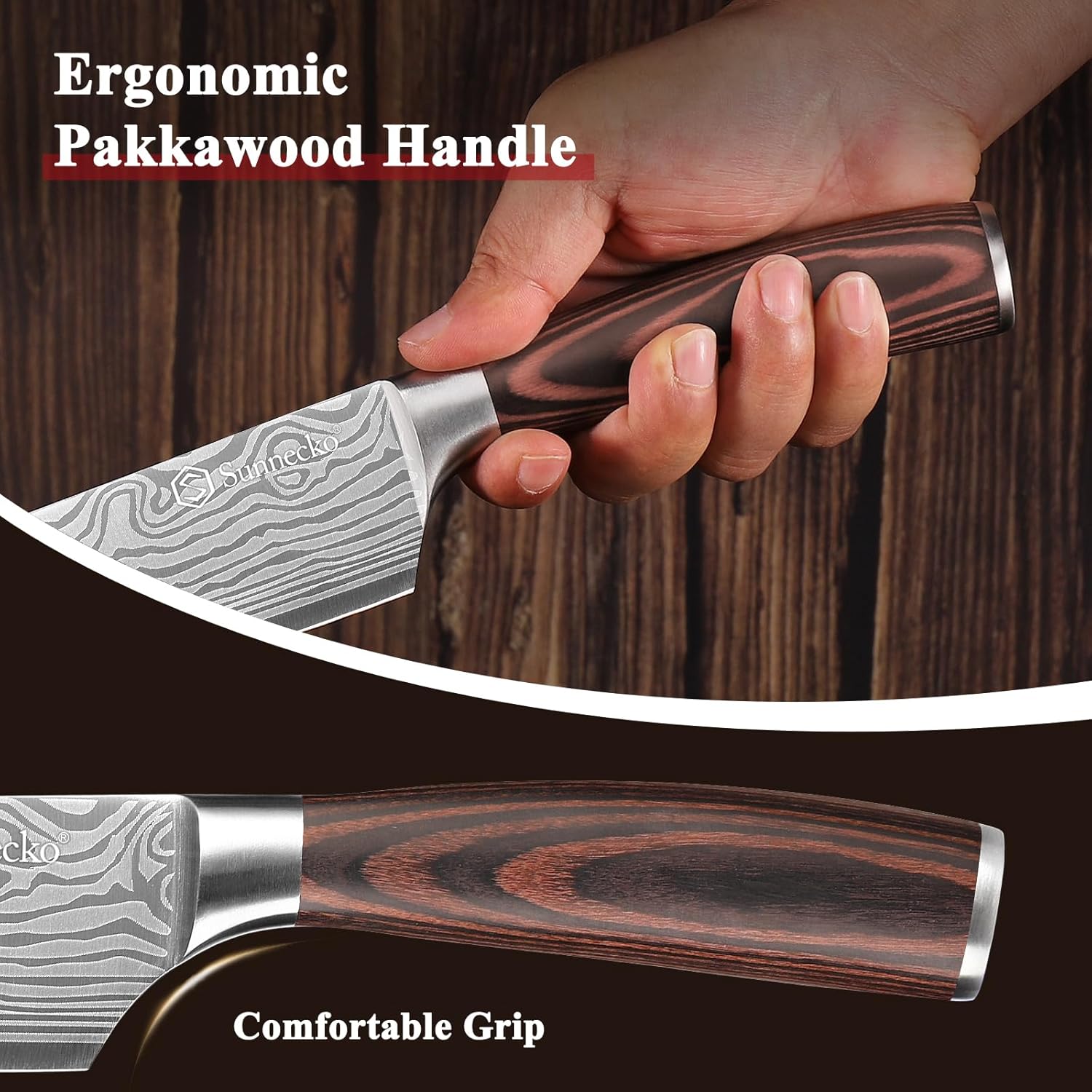 Close-up of a hand gripping the Pakkawood handle of a Sunnecko Chang Series knife