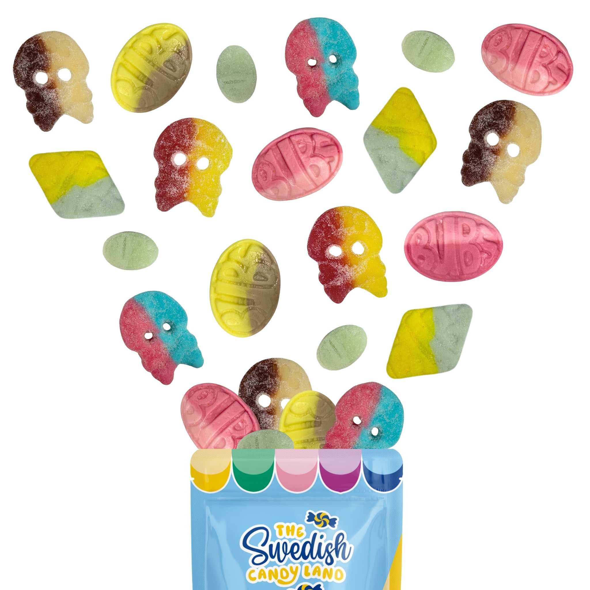Assorted BUBS candy shapes spilling out of the Swedish Candy Land pouch