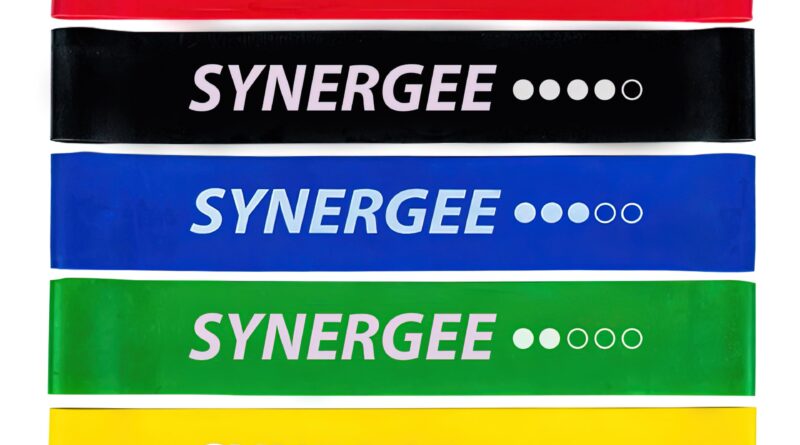 Synergee Mini Bands shown in Red, Black, Blue, Green, and Yellow resistance levels