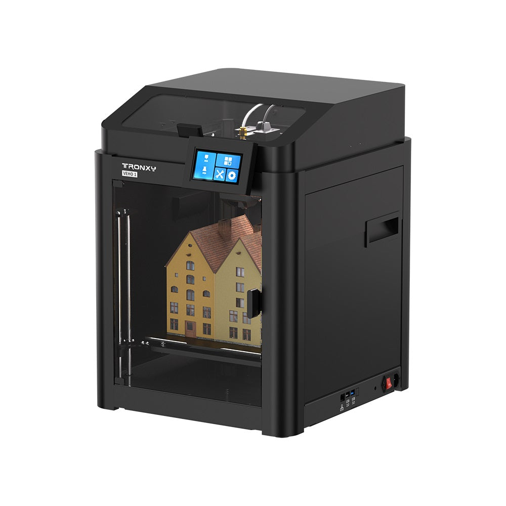 Tronxy VEHO 1A fully enclosed 3D printer shown at an angle with its glass door and touchscreen visible