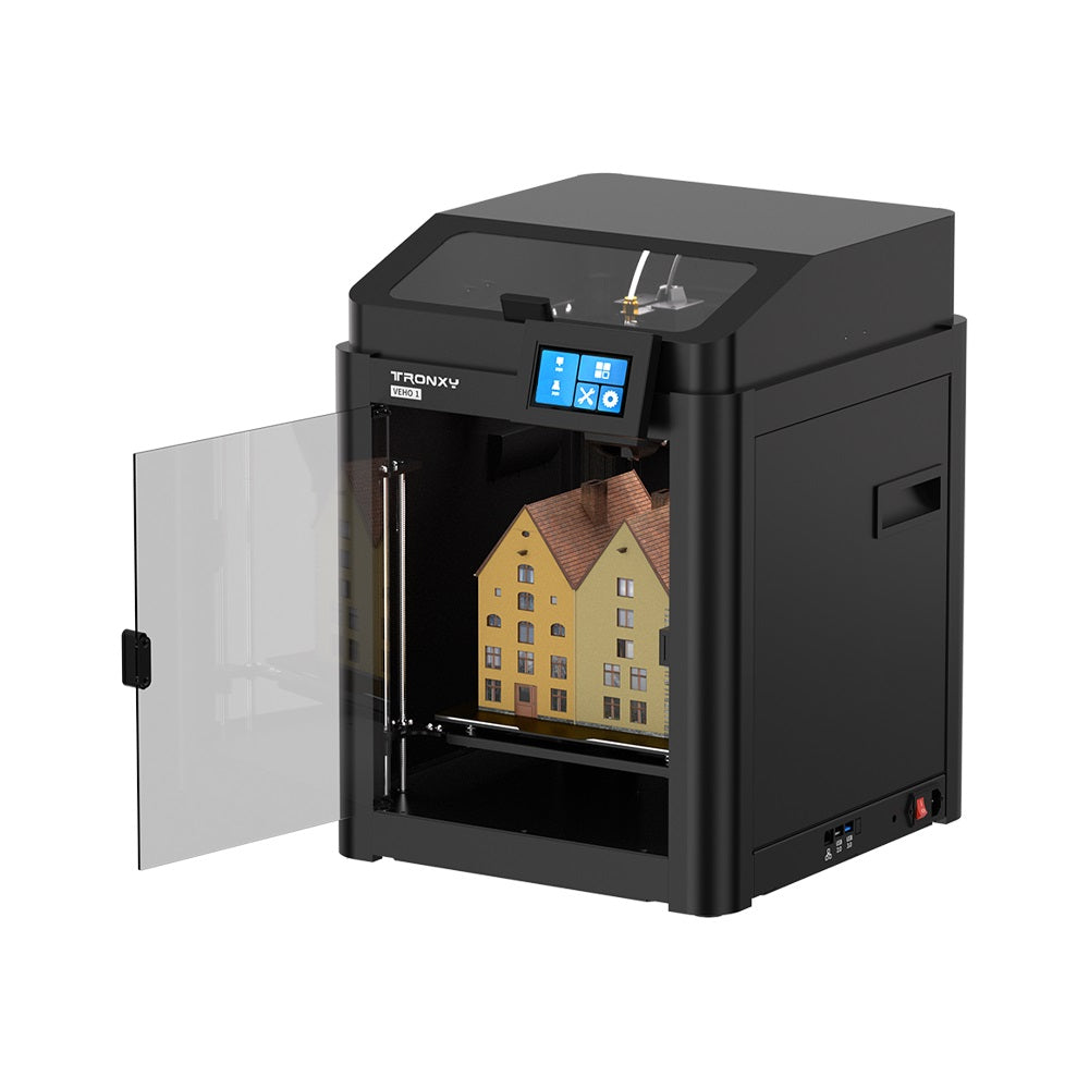 Tronxy VEHO 1A 3D printer with its enclosure door open, showing the print bed and internal frame
