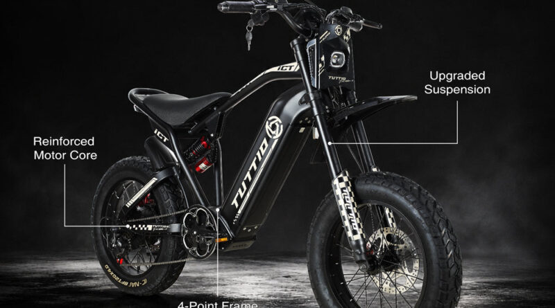 Tuttio ICT 2.0 electric dirt bike side profile with reinforced frame and upgraded suspension callouts