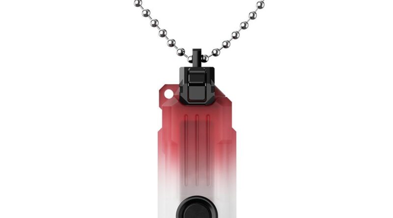 Wuben E2 PULSE keychain flashlight in gradient red worn on a ball chain necklace