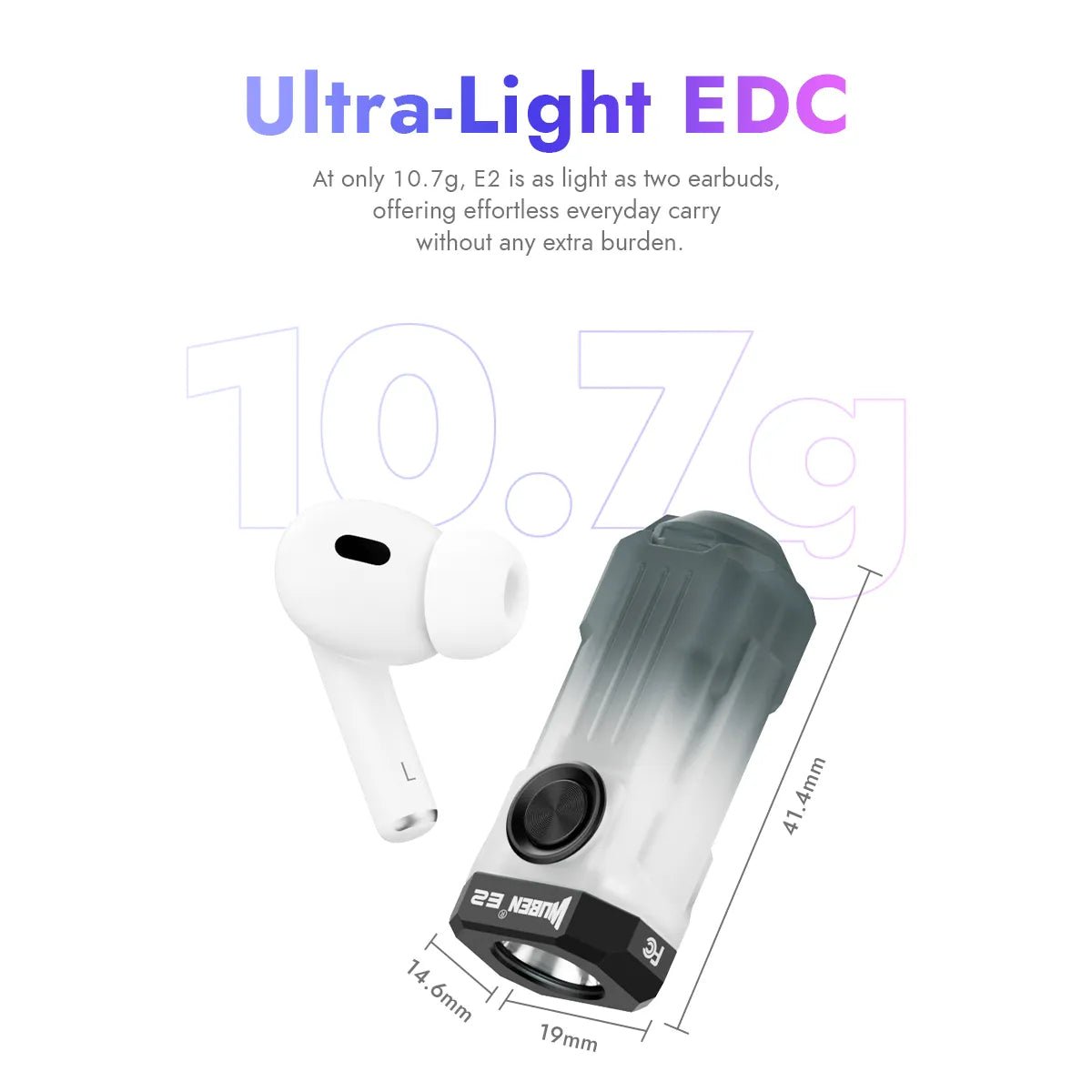 Wuben E2 PULSE flashlight next to a wireless earbud showing its 10.7g weight and compact dimensions